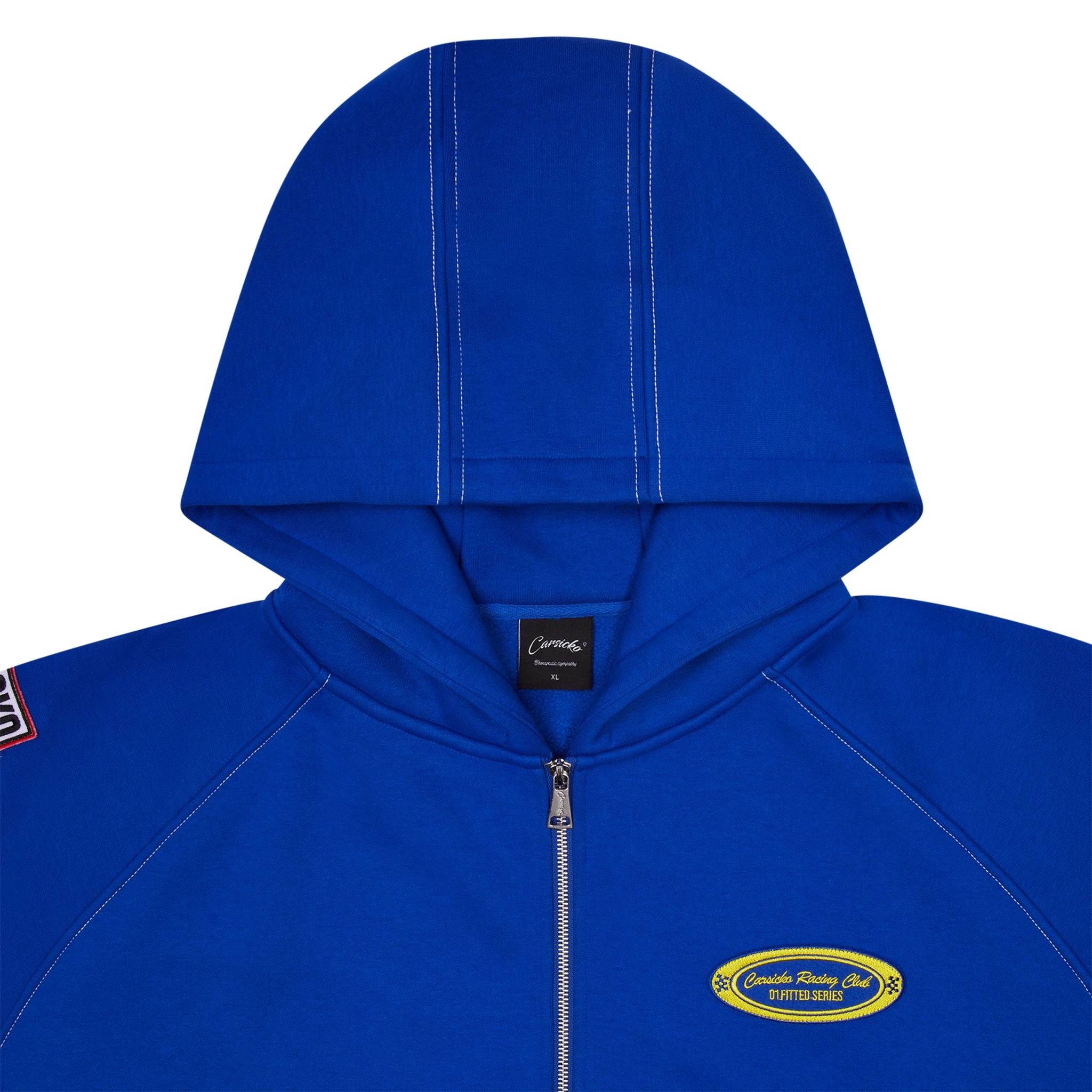 Hood view of Carsicko Racing Club Zip-Up Blue Hoodie